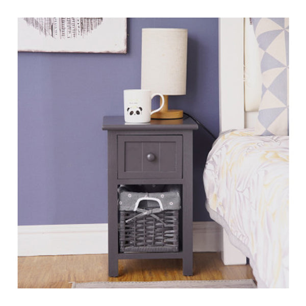 Bedside Table Nightstand With Drawer And Wicker Basket Grey