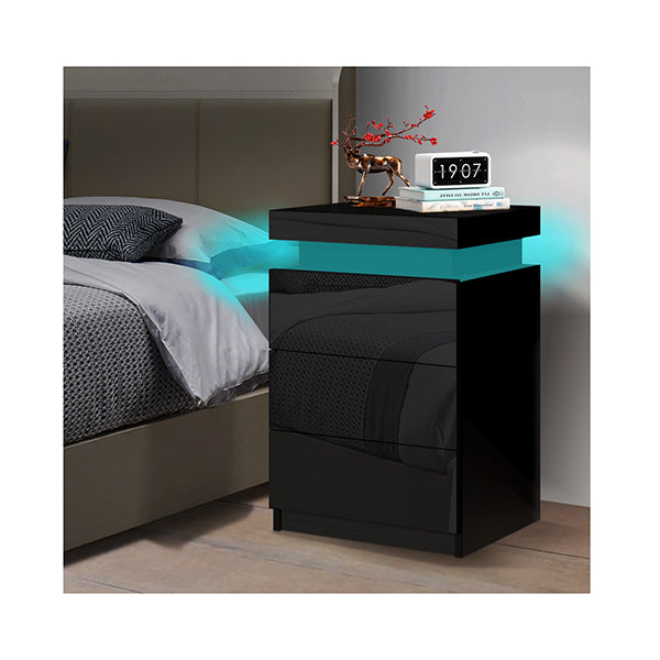 Bedside Table Led Nightstand 3 Drawers 4 Side High Gloss Black