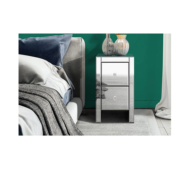 Bedside Table Mirrored Cabinet Nightstand Side Table 2 Drawers Silver