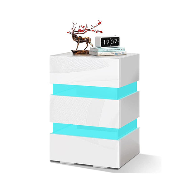 Bedside Table Rgb Led Nightstand 3 Drawers 4 Side High Gloss White