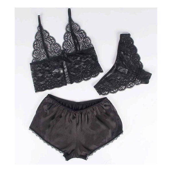 Black 3 Piece Lingerie Lace Set Bra Panties