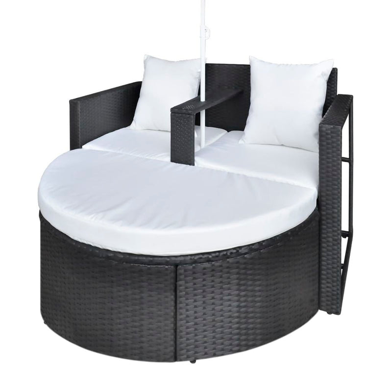 Black Garden Poly Rattan Lounge Set with Parasol Outdoor