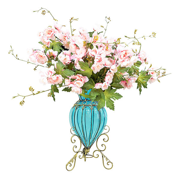 Blue Glass Floor Flower Vase with 8 Bunch 3 Heads Home Decor Set