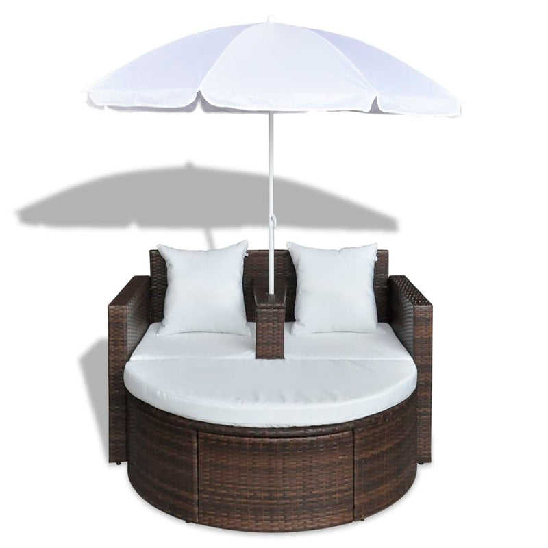 Brown Garden Poly Rattan Lounge Set with Parasol Outdoor