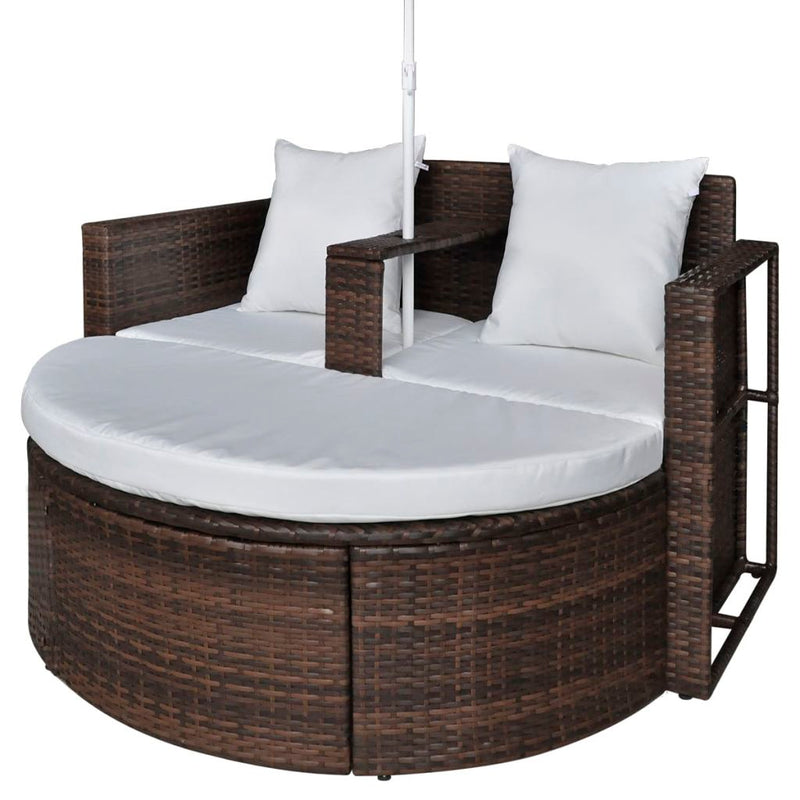 Brown Garden Poly Rattan Lounge Set with Parasol Outdoor