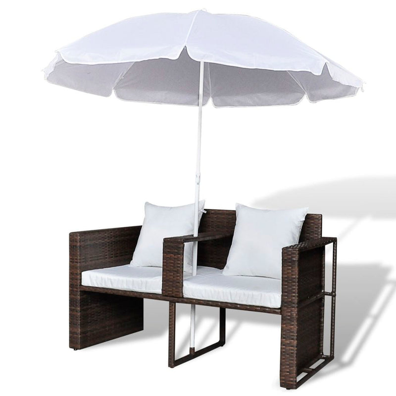 Brown Garden Poly Rattan Lounge Set with Parasol Outdoor