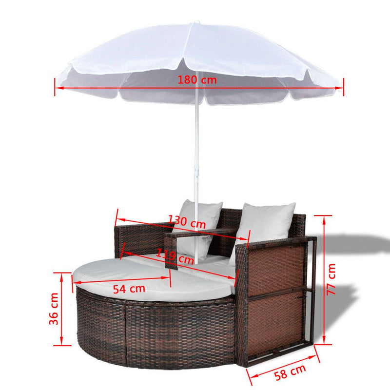 Brown Garden Poly Rattan Lounge Set with Parasol Outdoor