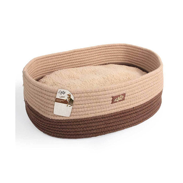 Cat Bed Oval Brown Rope Weave Removable Fluffy Internal Plush