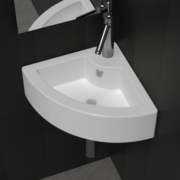 Ceramic Corner Bathroom Sink with Faucet & Overflow Hole - White