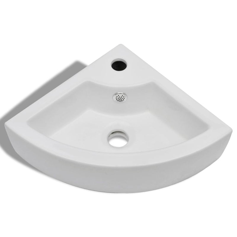 Ceramic Corner Bathroom Sink with Faucet & Overflow Hole - White