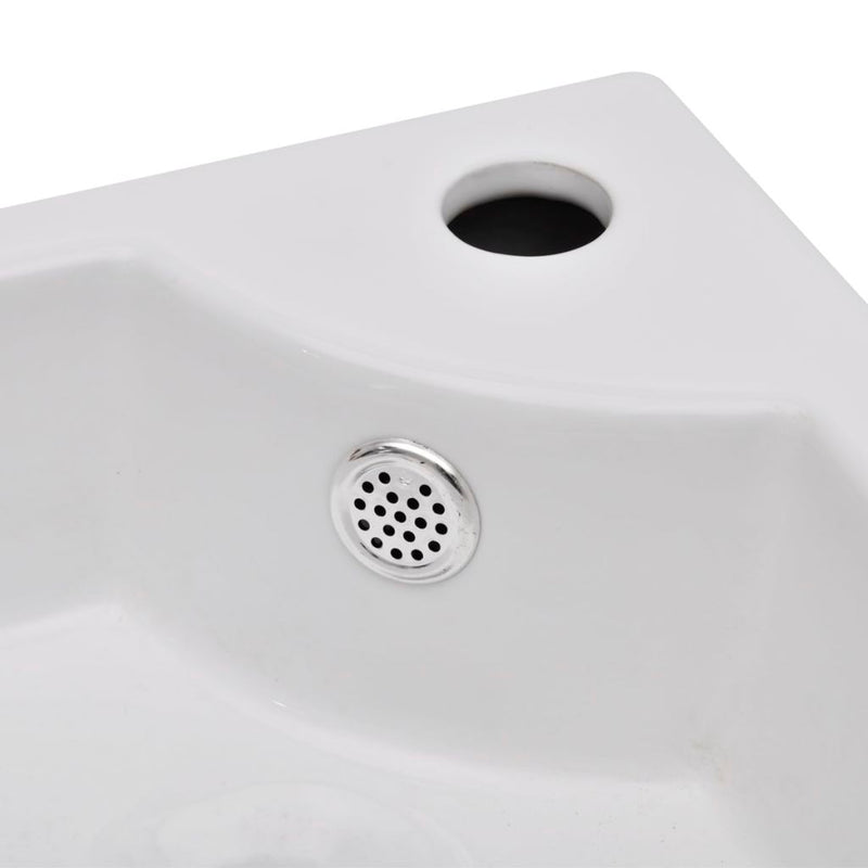 Ceramic Corner Bathroom Sink with Faucet & Overflow Hole - White
