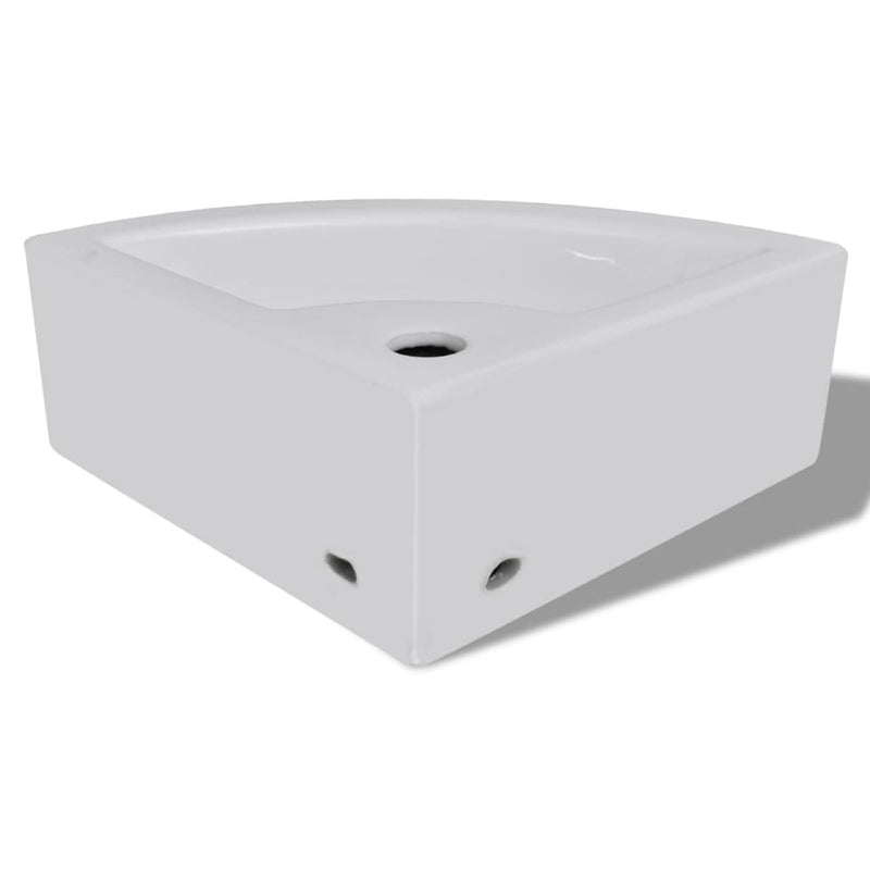 Ceramic Corner Bathroom Sink with Faucet & Overflow Hole - White