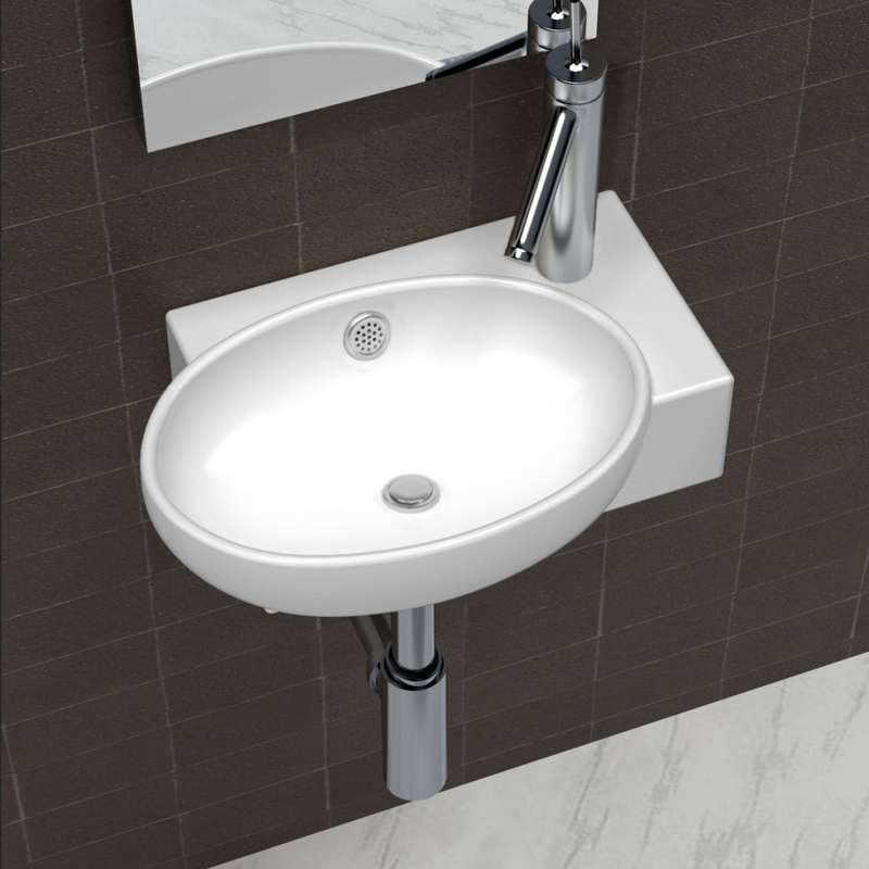Ceramic Sink with Faucet & Overflow Hole - White