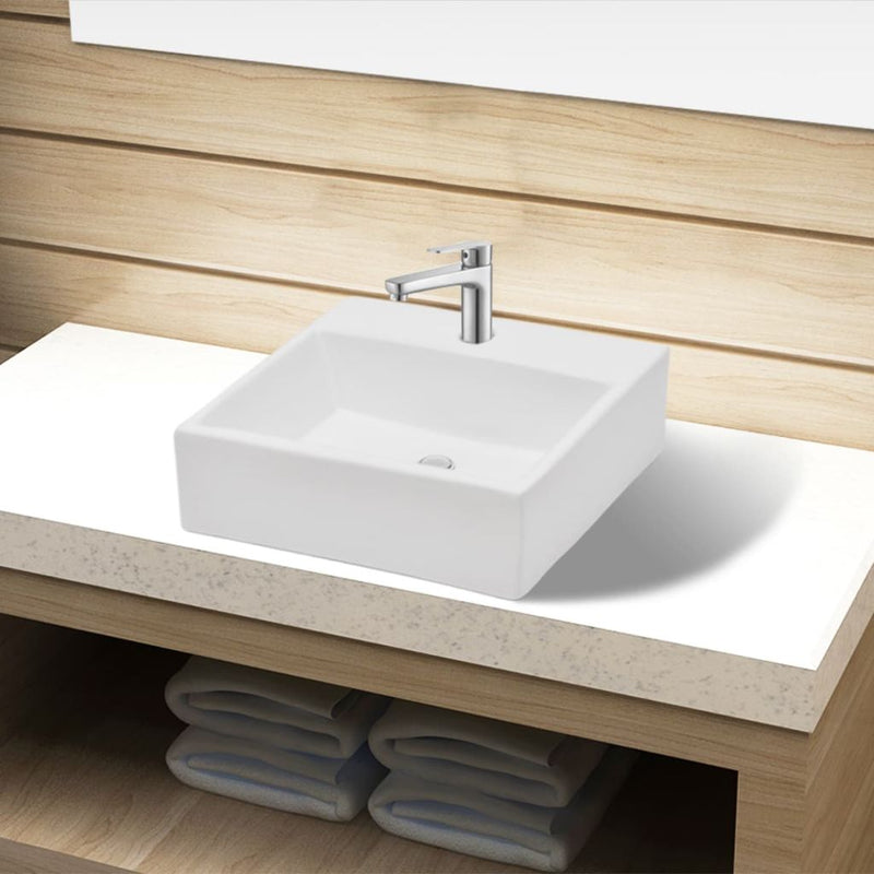 Ceramic Square Bathroom Sink with Faucet Hole 380x300x115mm - White