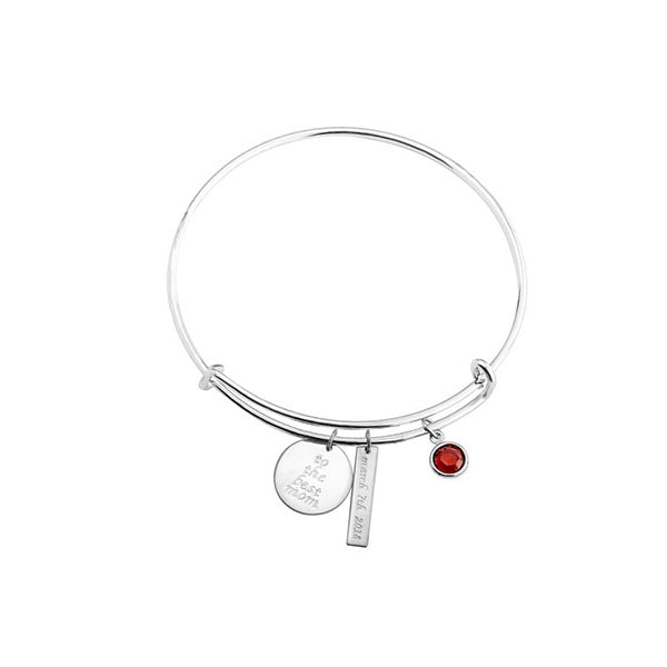 Charm Bangle With Engraved Circle Rectangle And Birthstone