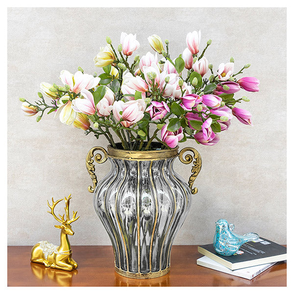 Clear Glass Flower Vase With 6 Bunch 4 Heads Artificial Silk Magnolia