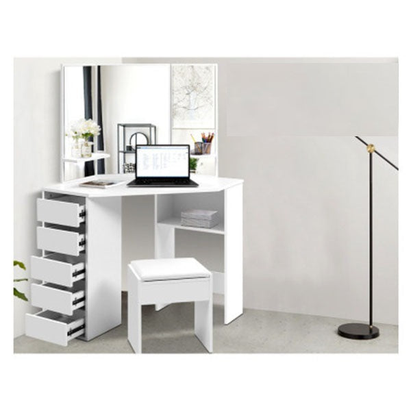 Corner White Dressing Table With Mirror Stool
