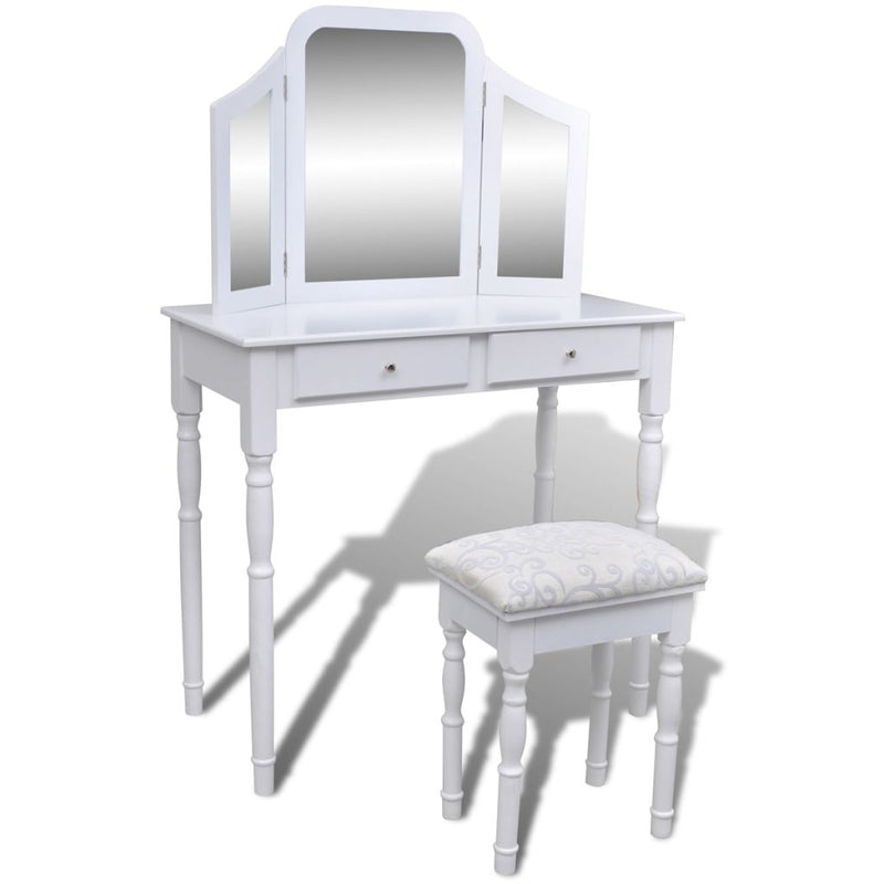 Dressing Table 2 Drawers With 3-In-1 Mirror And Stool - White