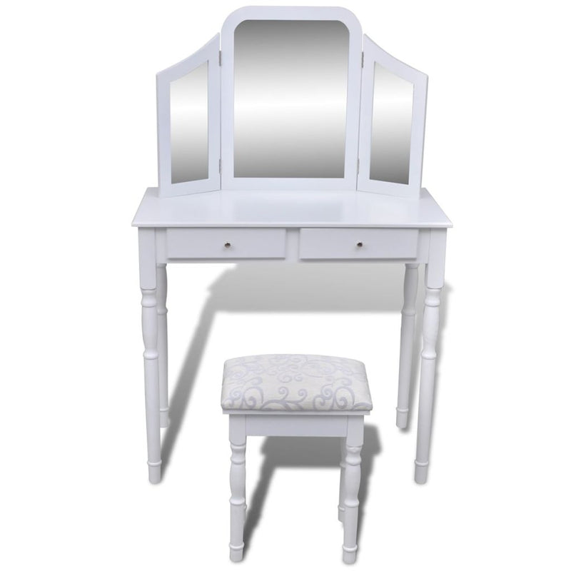 Dressing Table 2 Drawers With 3-In-1 Mirror And Stool - White