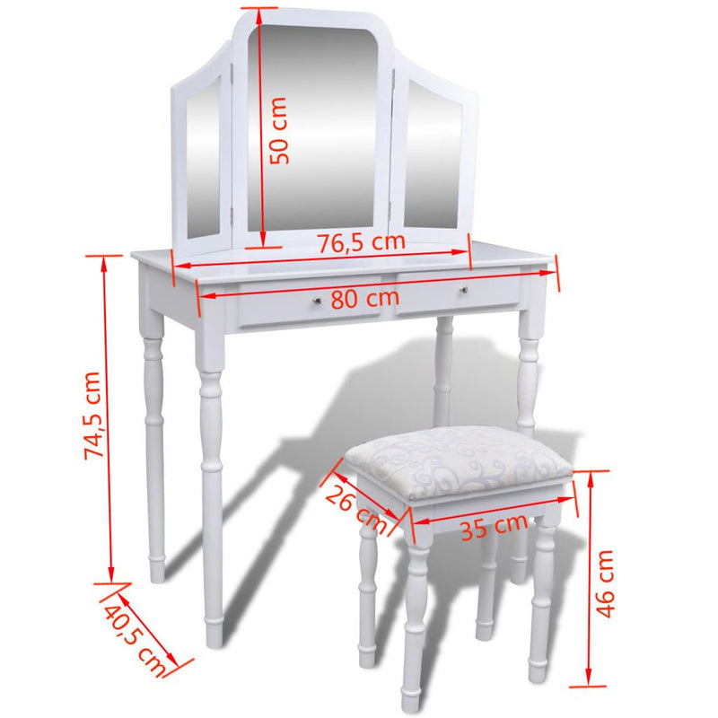 Dressing Table 2 Drawers With 3-In-1 Mirror And Stool - White