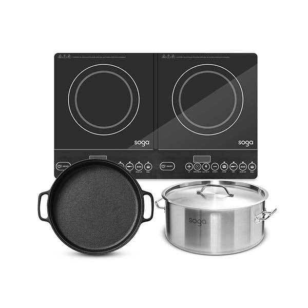 Dual Burners Cooktop Cast Iron Skillet And Stainless Steel Stockpot