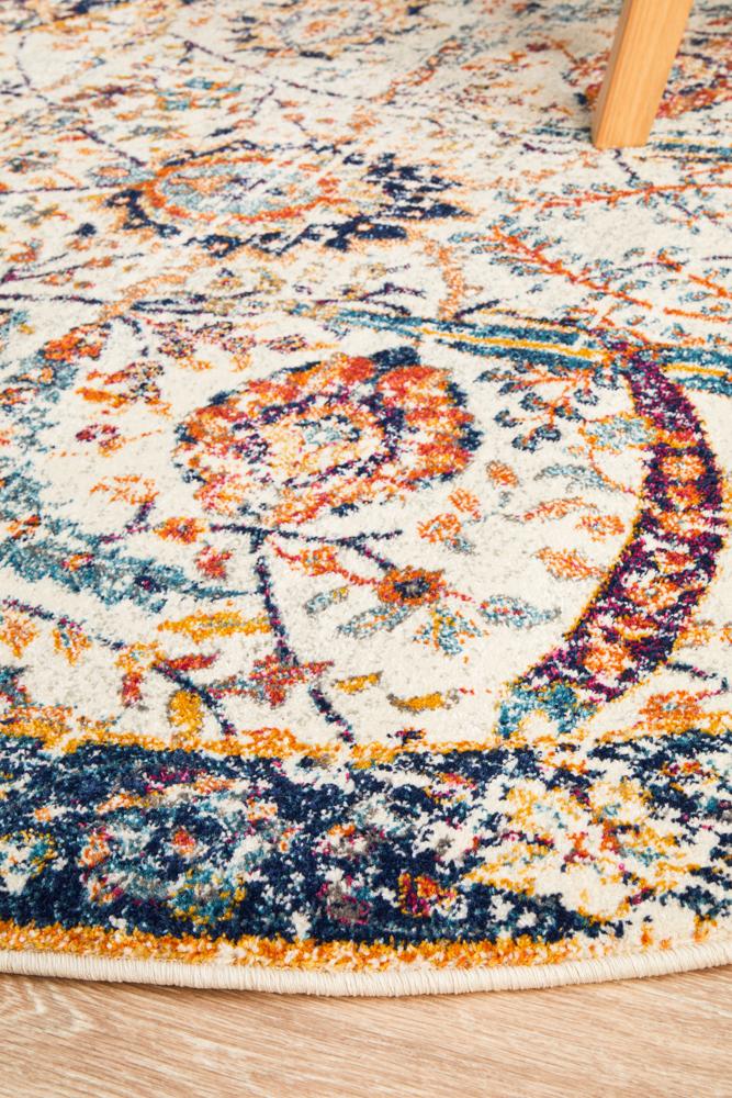 Evoke Round Peacock Ivory Transitional Rug