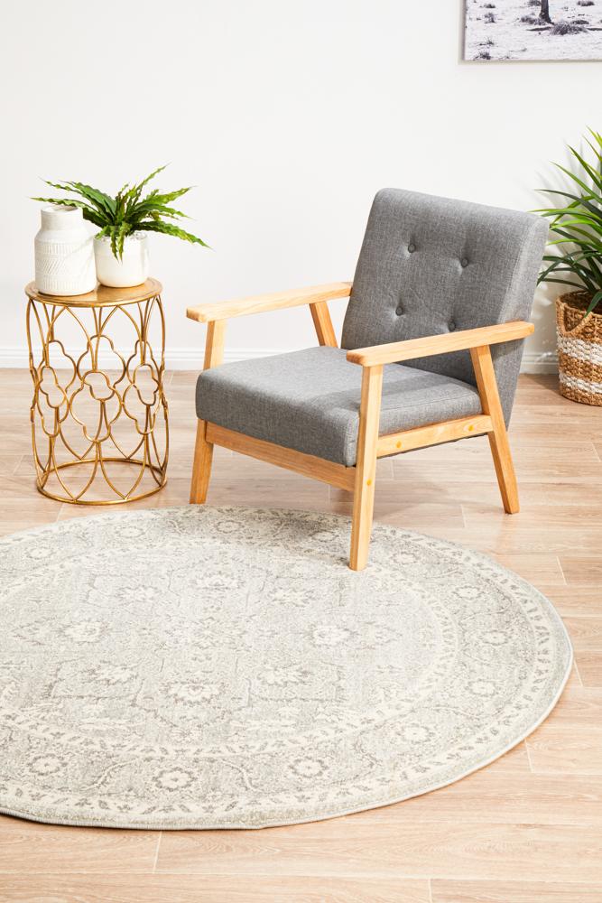 Evoke Round Silver Flower Transitional Rug