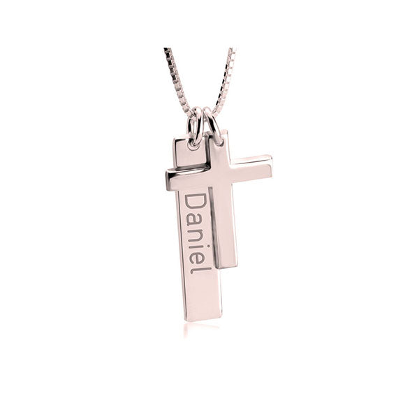 Engraved Bar Necklace With Cross