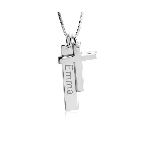 Engraved Bar Necklace With Cross