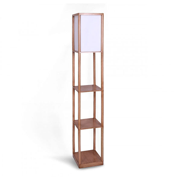 Etagere Floor Lamp Off White Fabric Shade Oak Wood Finish