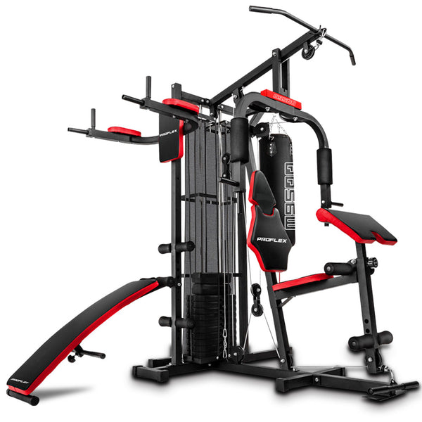 Red Multi Station Home Gym Set with 100lbs Plates & Boxing Bag- M9500