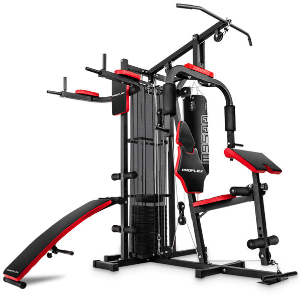 Red Multi Station Home Gym Set with 125lbs Plates & Boxing Bag- M9500