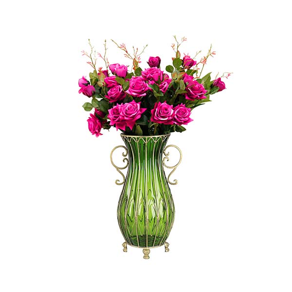 51Cm Green Glass Floor Vase With 12Pcs Dark Pink Artificial Flower Set