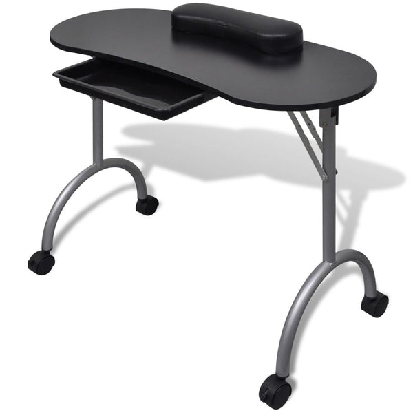 Folding Manicure Nail Table with Castors - Black