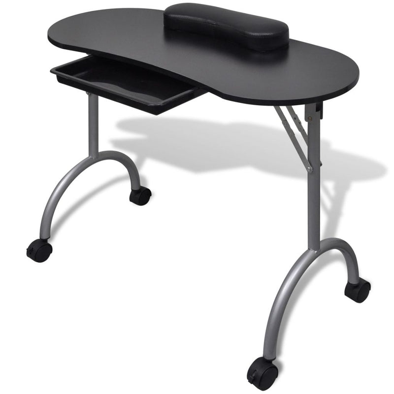 Folding Manicure Nail Table with Castors - Black