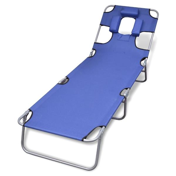 Folding Sun Lounger With Head Cushion and Adjustable Backrest - Blue