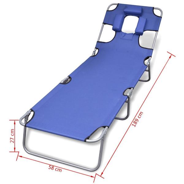 Folding Sun Lounger With Head Cushion and Adjustable Backrest - Blue