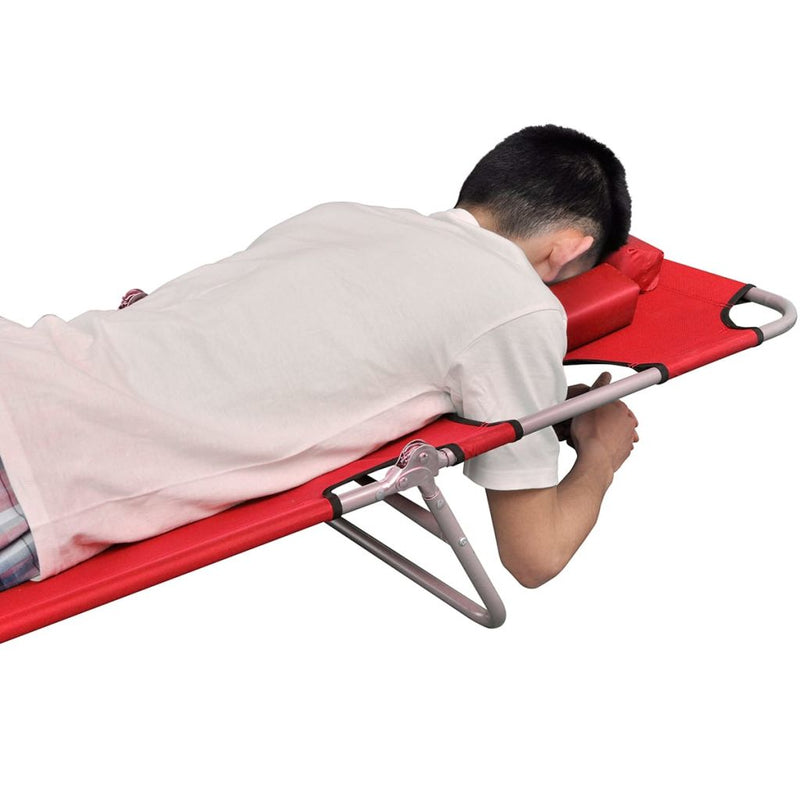 Folding Sun Lounger With Head Cushion and Adjustable Backrest - Red