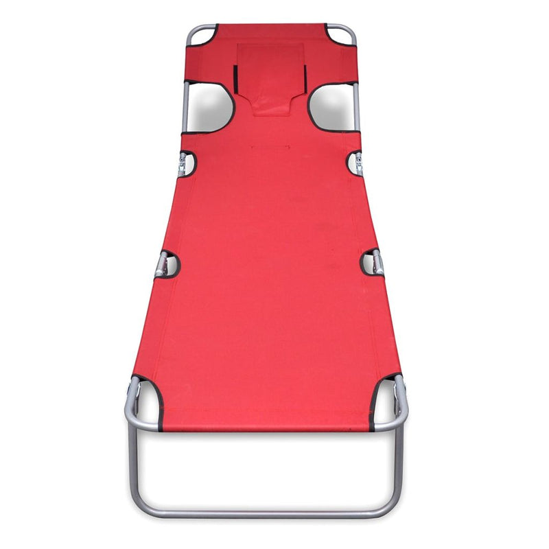 Folding Sun Lounger With Head Cushion and Adjustable Backrest - Red
