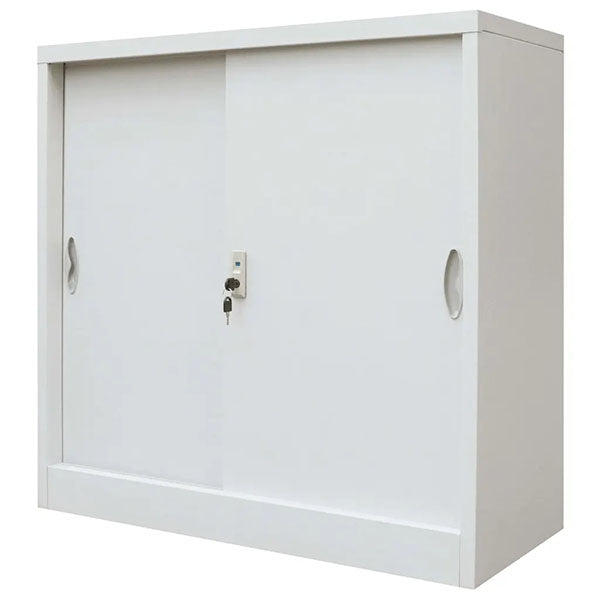Grey Office Cabinet with Sliding Metal Doors
