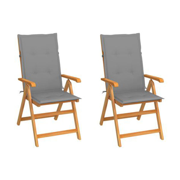 2 Pcs Garden Chairs Solid Teak Wood With Grey Cushions