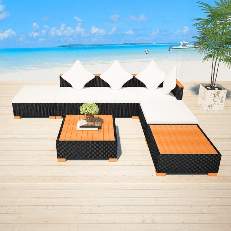 Garden Sofa Rattan Poly Wood Top Set (16 Pcs) - Black