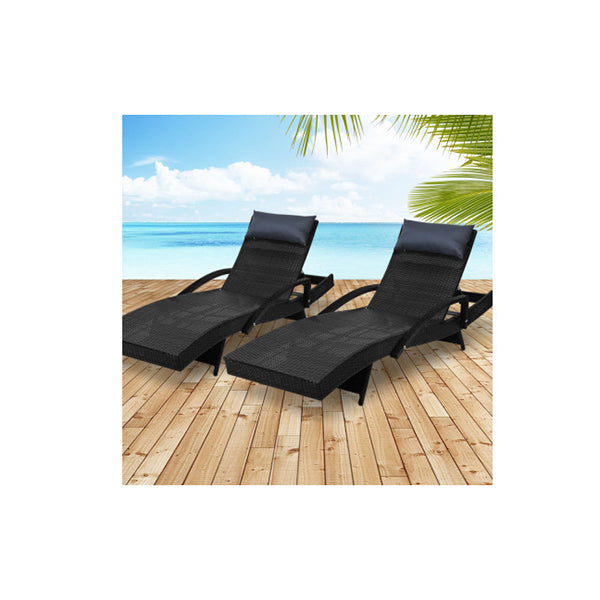 2Pcs Sun Lounge Outdoor Furniture Wicker Rattan Day Bed Garden Patio