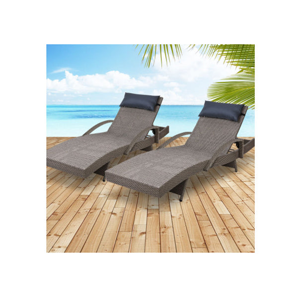 2Pcs Sun Lounge Outdoor Furniture Wicker Rattan Day Bed Garden Patio