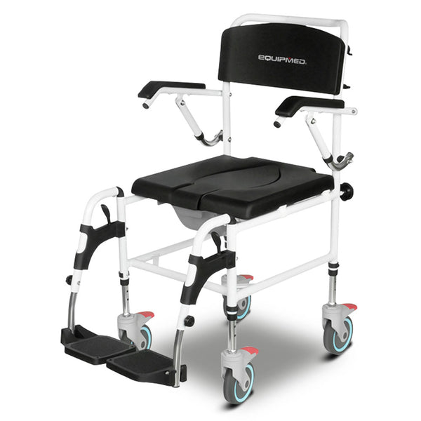 Commode Shower Chair, Over Toilet or Bedside 136kg Capacity Aluminium frame with Wheels, Black