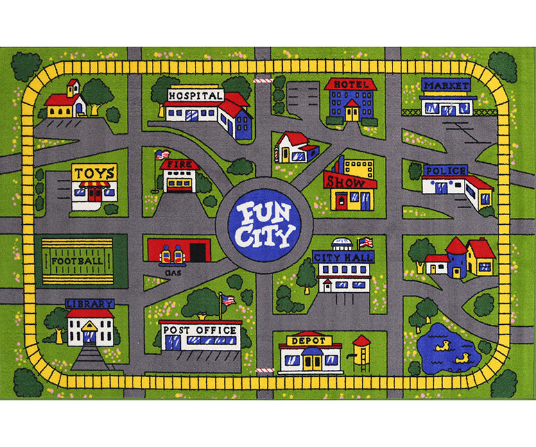 Kids Fun City Traffic Road 133x200cm Green Grey Area Rug