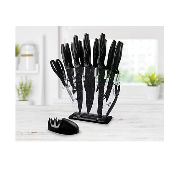 Kitchen 17 Pc Knife Set With Block And Sharpener Bread Steak Knives