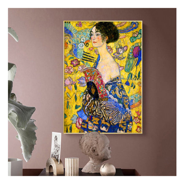 Lady With A Fan By Klimt Gold Frame Canvas Wall Art