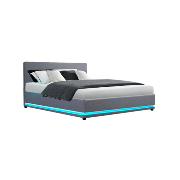 Lumi Led Bed Frame Fabric Gas Lift Storage Grey Queen