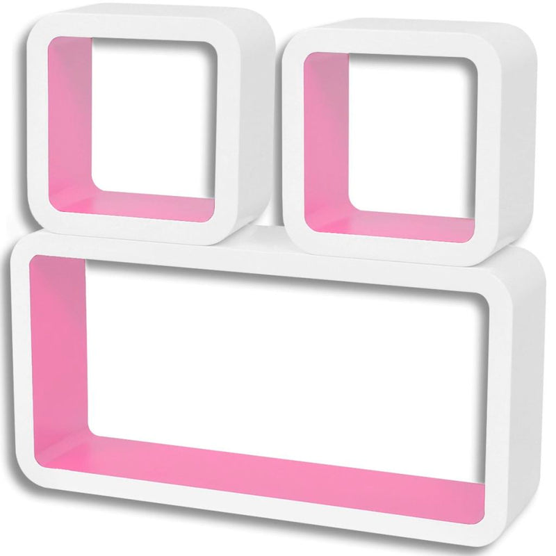 MDF Floating Wall Display Shelf - White-Pink (Set of 3)